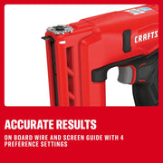 Photo of Craftsman red cordless stapler, CMCN410B, side angle, showing adjustable wire and screen guide.