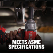 Photo of a Craftsman power tool in use, red and black, model CMMT15998, shown tightening bolts.
