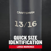 Photo of Craftsman socket with 13/16 size, CMMT16062, graphics highlight quick size identification.