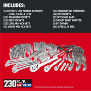 Photo of Craftsman 230-piece SAE and metric mechanics tool set, SKU CMMT45306, with chrome sockets, ratchets, wrenches, and bits.