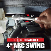Photo of Craftsman ratchet, SKU CMMT86723, in use showing 4° arc swing and 90 tooth mechanism.