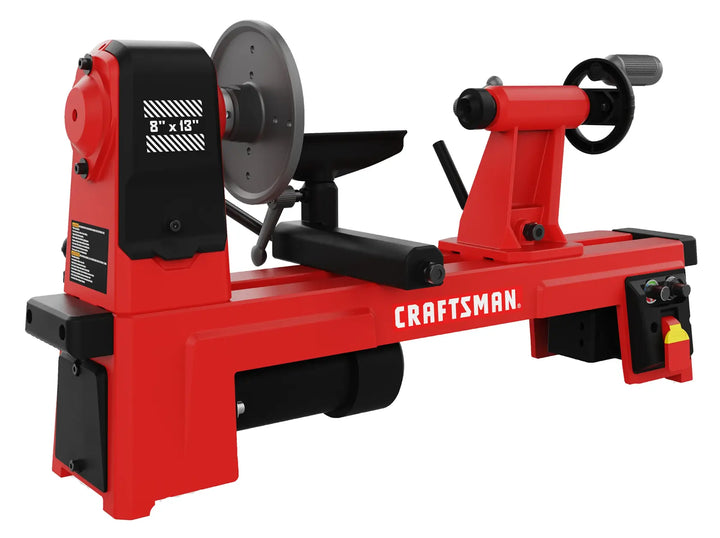 A red Craftsman wood lathe machine with black and gray accents. The lathe has an 8-inch by 13-inch capacity, a tool rest, and an on/off switch. The brand name 'CRAFTSMAN' is clearly visible on the side.