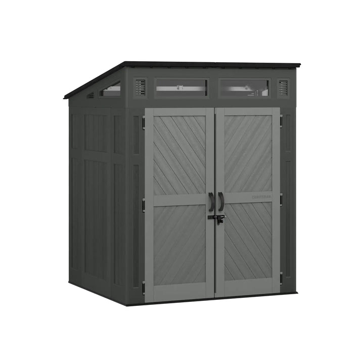 Photo of Craftsman outdoor storage shed CMXRCSCBMSCM6550, gray double doors, window panels, front angle, white background.
